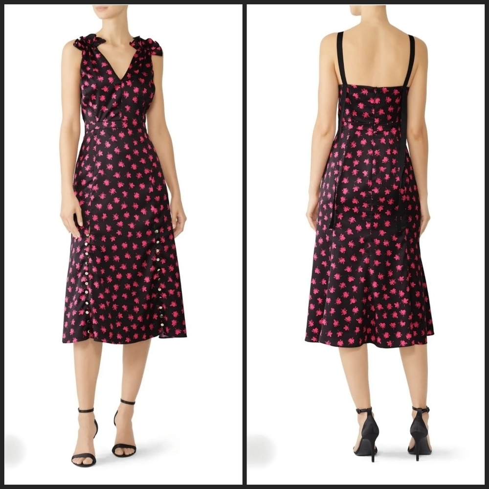 Prabal Gurung Collective Satin Black & Pink Floral Ruffle Sleeve Midi Dress